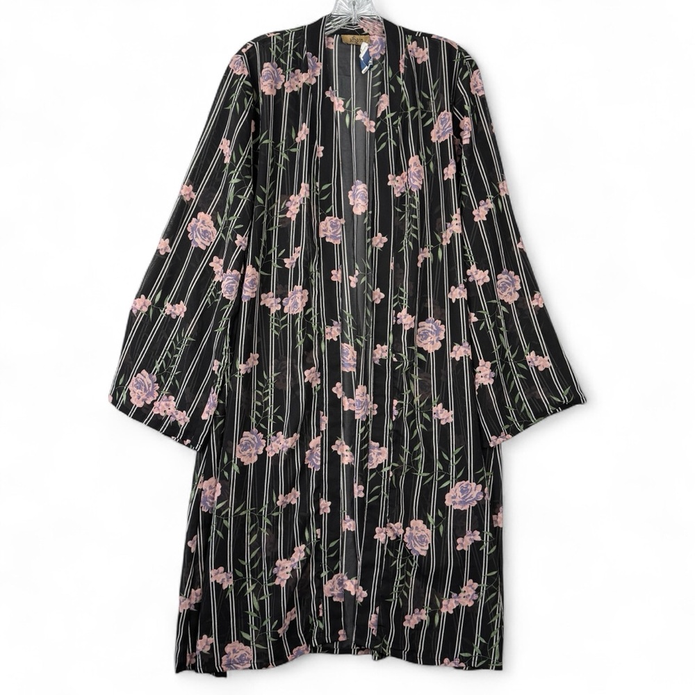 Jorja Duster Cardigan Top Womens XL Black Pink Floral Kimono Long Bell Sleeve
